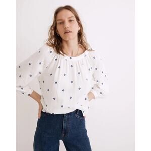 Madewell Woman’s sz M Embroidered Lightspun Wide-Neck Cuffed-Sleeve Top